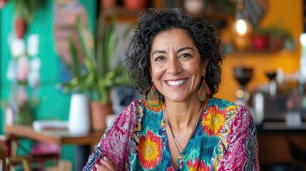 Bright Smiling Woman in Cozy Cafe Setting