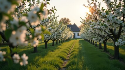 Aufkleber - A row of trees with a white house in the background