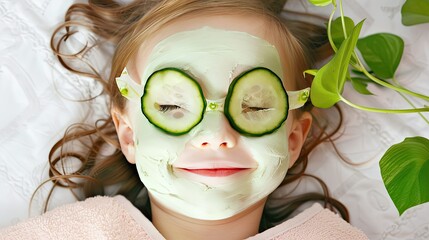 Wall Mural - Child enjoying a fun spa day with cucumber face mask