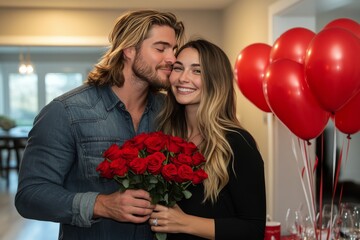 Romantic couple celebrates special occasion with roses and balloons at home in evening light