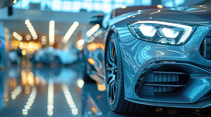 Poster - Close-up, car parked in luxury showroom. Car dealership office. New car parked in modern showroom. Car for sale and rent business concept. Automobile leasing and insurance background.