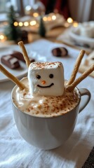 Sticker - Marshmallow snowman in a festive mug with holiday decorations during winter season