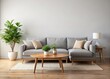 © Sunee - Serene Minimalist Living Room with Gray Sectional Sofa and Potted Plant - Tranquil Home Interior Design, Modern Furniture, Cozy Atmosphere, Stylish Decor, Minimalism