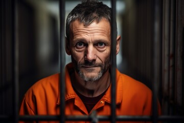 Wall Mural - The prisoner in an aged orange uniform gazes directly at the camera while standing behind metal bars in a detention facility, reflecting on his time in confinement