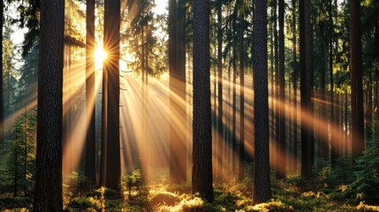 Poster - Sunbeams Through Forest Trees at Sunrise   Nature Photography