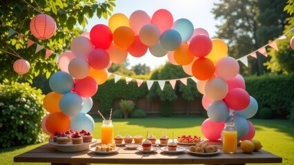 Poster - A table with a bunch of balloons and a bunch of food. The balloons are in different colors and are arranged in a way that they look like a rainbow. 