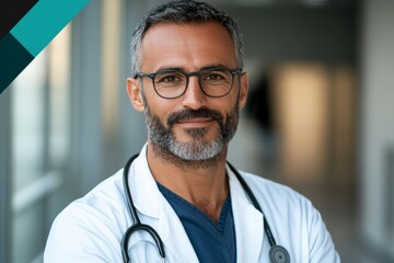 A confident doctor smiles in a clinical setting, wearing a stethoscope and lab coat. The environment radiates professionalism and expertise in healthcare.