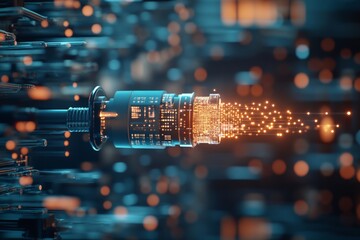 Poster - This image illustrates a futuristic data stream visualization with glowing spark effects, symbolizing technological data transfer and digital information flow.