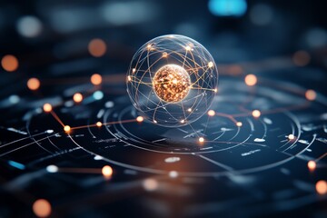 Poster - A futuristic digital sphere is connected by glowing nodes and lines on a dark surface, symbolizing complex technology, communication, and data exchange concepts.