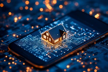 Poster - A modern digital representation of a house glows on a smartphone screen, symbolizing smart home technology, innovation, and connectivity in a digital era.