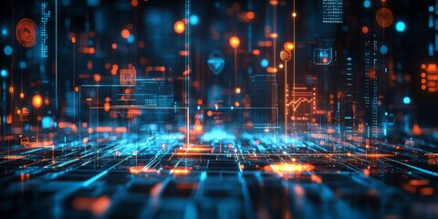 Fototapete - A vibrant digital landscape filled with glowing lines and dots. This futuristic scene represents technology and innovation. Perfect for projects on data networks. AI.