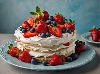 Elegant pavlova topped with whipped cream, strawberries, and blueberries, displayed on a rustic cake stand.