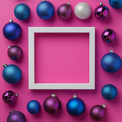 Minimal composition background of plastic pink and blue decorative Christmas balls. New Year concept.