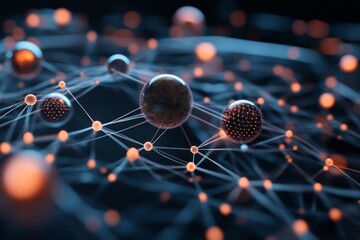 Poster - A conceptual depiction of a network with interconnected spheres and glowing lines, illustrating themes of connectivity, technology, and communication in a digital realm.