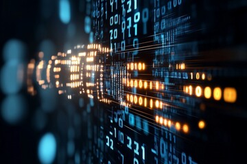 Poster - Binary numbers in motion, illuminated by dynamic lighting effects, illustrating digital communication, technology flow, and the fast-paced world of information.