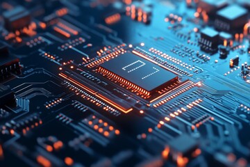 Poster - A close-up view of a circuit board, highlighted by glowing orange components, depicting modern technology, electronics engineering, and digital functionality.