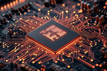 Poster - A detailed view of a glowing microchip surrounded by complex circuitry highlighting modern technological advancements and the intricacies of microelectronics.