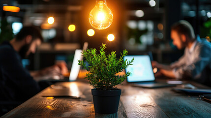 A cozy workspace features a potted plant and a hanging light bulb, with two individuals focused on their laptops in a warm, illuminated atmosphere.