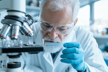 Poster - A senior scientist wearing protective gear examines a sample using a microscope in a laboratory setting, focusing intently on his research work.