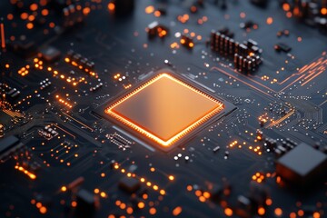 Poster - A glowing circuit board with a central microchip illuminated by orange lights, representing advanced technology and innovation in electronics and computing.
