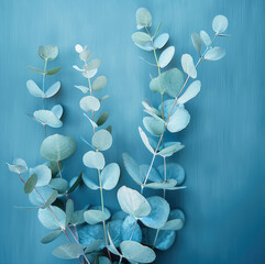 Poster - Eucalyptus plant and blue mixed background.