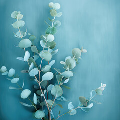 Poster - Eucalyptus plant and blue mixed background.