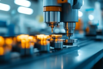 Poster - A close-up of a precision manufacturing machine at work in a factory setting, showcasing high-tech production and automation in an industrial environment.
