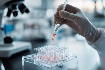 Poster - A scientist's gloved hand holds a syringe over an array of test tubes, set in a laboratory with a microscope in the background, emphasizing scientific research and precision.