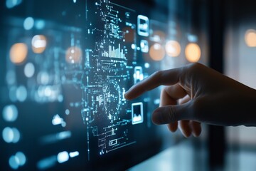 Poster - A hand extends to touch a glowing digital holographic interface, symbolizing the interaction between humans and advanced technology in modern environments.