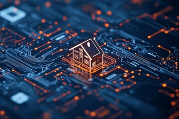 Poster - A digital house icon is illuminated on a futuristic circuit board, illustrating the concept of smart homes and the integration of technology into daily life.