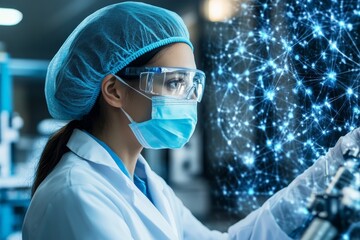 Poster - A scientist wearing protective gear in a lab, observing a digital network visualization, illustrating advancement in technology and research in modern science.