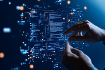 Poster - Hands interact with a futuristic digital screen interface, highlighting advancements in technology and human interaction in the digital world of the future.