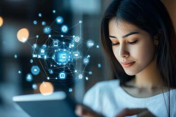 Poster - A thoughtful woman using a digital tablet, surrounded by futuristic network graphics, symbolizing connectivity and modern technology interactions.