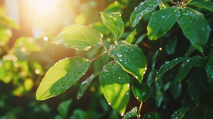 Poster - A macro shot of a fresh green leaf covered in tiny droplets of morning dew, with sunlight creating a soft glow