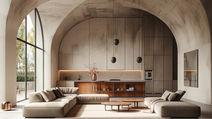 A modern minimalist apartment with an arched ceiling, featuring a large window and sleek lighting fixtures hanging from the ceiling. The living room is decorated in neutral tones of beige or grey.