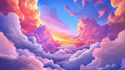 Poster - A scene from above the clouds at sunset, with pink and orange hues illuminating the fluffy cloudscape. --ar 16:9 --personalize v73lhwr --v 6.1 Job ID: 37a04a6e-dbef-45de-b8e5-a54ddf9848fa