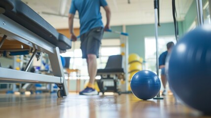 Wall Mural - A detailed view of a physical therapist demonstrating a rehabilitation exercise to a patient with focus on the exercise equipment and patient��s movements, set against a bright, organized therapy room