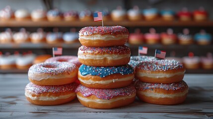 Poster - A towering stack of donuts with alternating red, white, and blue frosting, topped with small American flags.