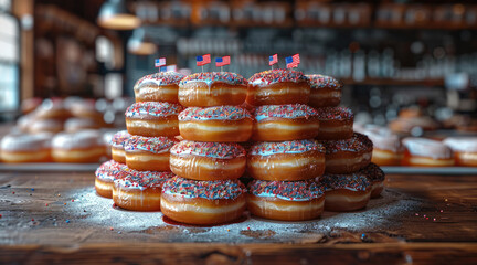 Poster - A towering stack of donuts with alternating red, white, and blue frosting, topped with small American flags.
