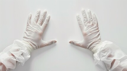 Poster - A detailed view of a surgeon's hands during a delicate operation against a sterile white background, macro shot, Minimalist style
