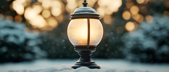 Poster - Snowy Lantern with Warm Glow in Winter Setting