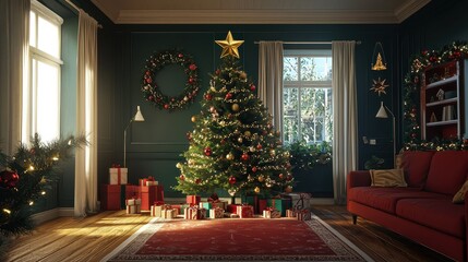 Festive Christmas Tree with Golden Star Decoration