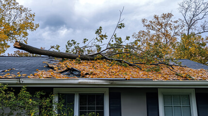 Fallen tree on house roof causing damage during autumn storm