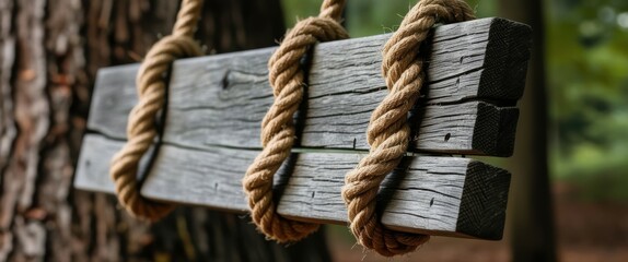 Wooden swing, thick rope, forest setting, rustic outdoor, close-up, weathered wood, natural textures, tree bark, blurred background, serene atmosphere, earthy tones, woodland scene, nostalgic mood, si