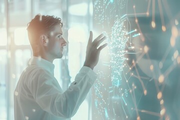 Poster - A man engages with a glowing digital interface, representing a futuristic technology setting with a focus on innovation and human interaction with virtual data.