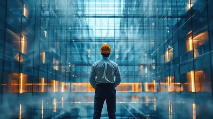 Poster - Engineer stands in front of the fiber optic floor-to-ceiling glass of the building.