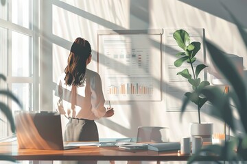 Poster - A woman studies a chart on the wall of a sunlit office filled with plants, representing focus, analysis, and a calming, natural work environment.