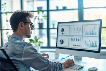 Poster - A man analyzes data on a large computer screen, displaying various charts and graphs. Natural light filters through a large window in this calm office environment.