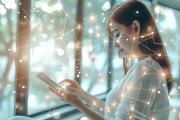 Poster - A young woman uses a smartphone while a digital interface connects around her, representing connectivity and modern technology in a serene setting.