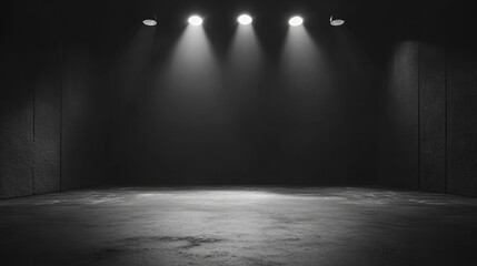 Empty dark stage with spotlight and concrete floor, product presentation concept